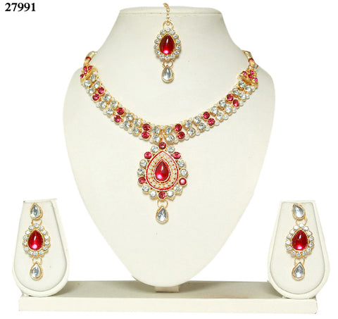 Exclusive Choker Necklace Online Dark Pink & White Colored Alloy With Moti & Diamond Choker Necklace