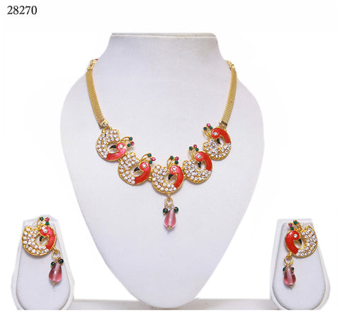 Exclusive Fashion Jewelry Sets Peacock Design Pink Alloy With Moti & Diamond Neck Jewelry 