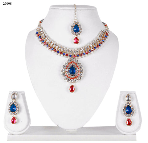 Exclusive Red & Blue Fashion Jewelry Sets Alloy With Moti & Diamond Choker Necklace