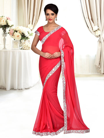 Exclusive Red Designer Sarees Georgette Chiffon Floral Lace Border Work Sarees
