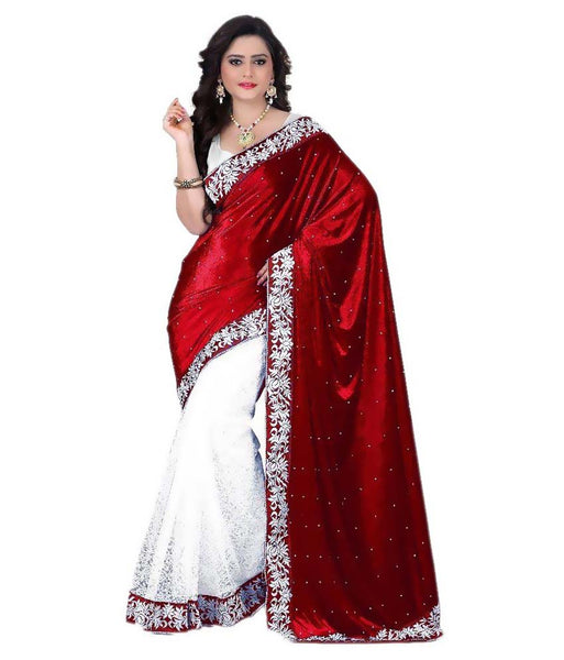 Designer Bridal Red Velvet Saree Floral Border Net Saree For Women