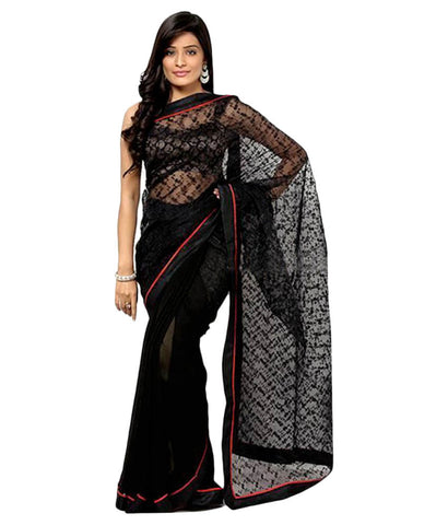 Black Color Net Saree Embroidery & Lace Border Work Designer Net Sarees