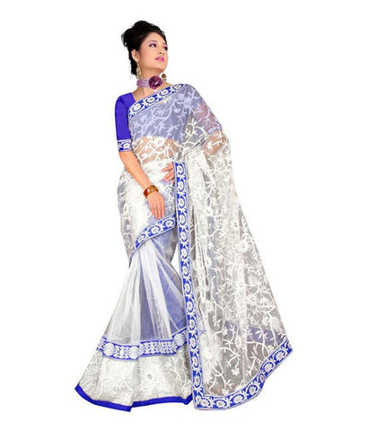 Designer Net Sarees White & Blue Color Floral Embroidery & Velvet Lace Border Work