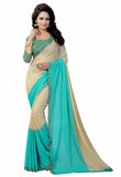 Georgette Sarees Cyan Floral Lace Printed Border Georgette Sarees With Blouse