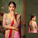 Glamour Silk Sarees Pink & Cherry Heavy Embroidered Lace Work Saree
