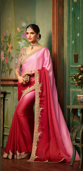 Glamour Silk Sarees Pink & Cherry Heavy Embroidered Lace Work Saree