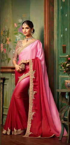 Glamour Silk Sarees Pink & Cherry Heavy Embroidered Lace Work Saree