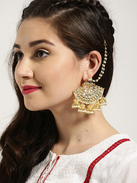Gold-Toned & White Crescent Shaped Drop Earrings - Jhumka Earring Chain Jewellery Set