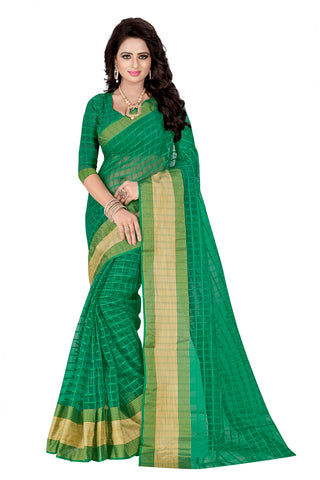 Green Colored Poly Cotton Sarees With Woven Work Printed Sarees