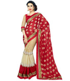 Designer Net Sarees Bridal Red & Beige Color With Warli Prints & Border Work Party wear Net Saree