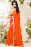 Partywear Georgette Sarees Orange Colored With Pearl Lace Border Fancy Georgette Saree