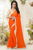 Partywear Georgette Sarees Orange Colored With Pearl Lace Border Fancy Georgette Saree