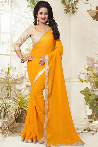 Georgette Designer Sarees Yellow Colored Pearl Lace Border Partywear Saree