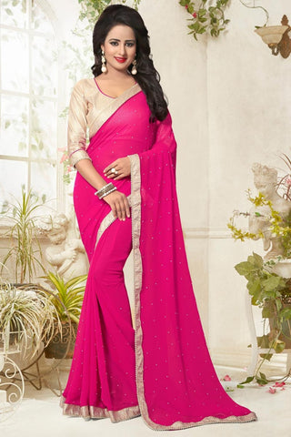 Partywear Sarees Pink Colored Pearl Lace Border Georgette Sarees