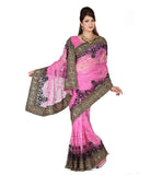 Designer Net Sarees Pink Color Embroidery & Border Work Net Saree For Women