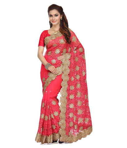 Pink Color Net Saree Embroidery Floral Lace Border Work Designer Net Sarees