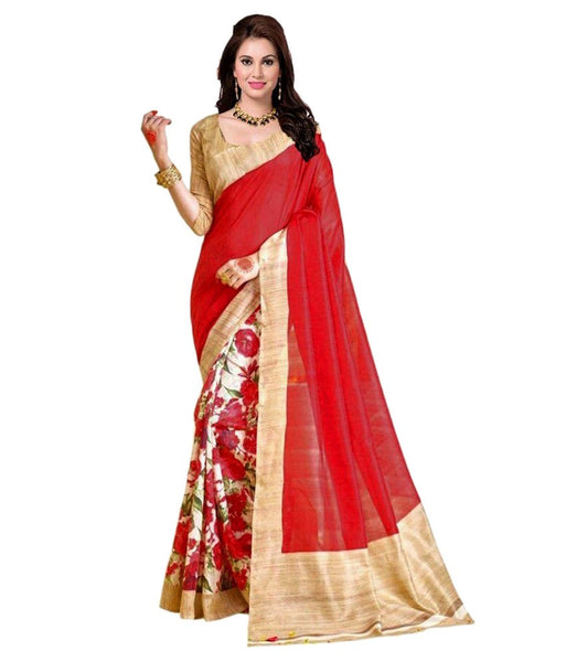 Red & Beige Color Art Silk Saree Floral Print Bhagalpuri Silk Sarees