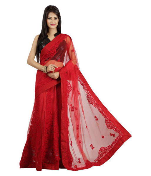 Party wear Red Color Net Saree With Embroidery Work