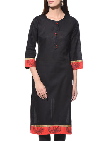 Designer Long Kurtis & Kurtas Black Cotton Block Printed Kurta