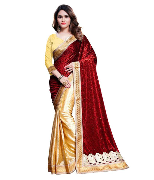 Designer Half And Half Velvet Saree Gold Lace Border For Women