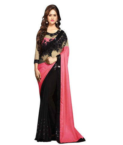 Black & Pink Color Net Saree Designed With Floral Embroidery & Lace Work Designer Net Sarees