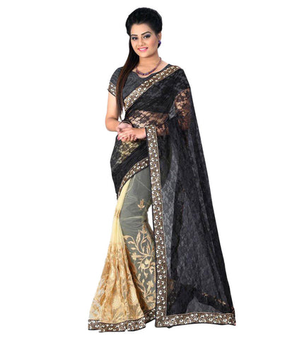 Designer Net Sarees Black & Cream Color Net Saree