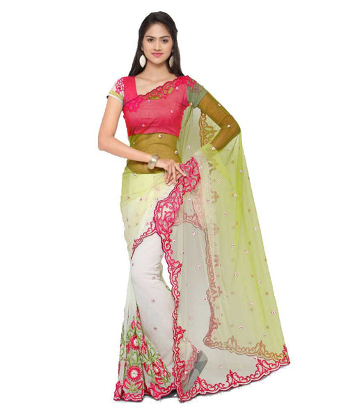 Multicolor Net Saree Floral Embroidery, Lace Border & Booties Work Designer Net Sarees