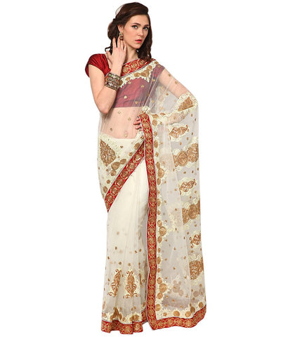 Designer Net Sarees Off- White Color Patch & Lace Border Work