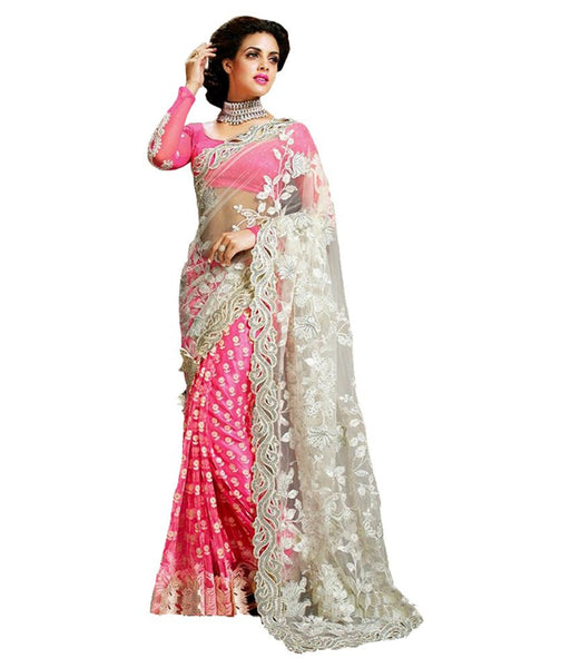 Pink Color Net Saree With Floral Heavy Embroidery Work Saree