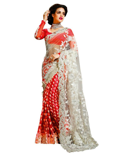 Red Color Net Saree With Floral Heavy Embroidery Work Saree