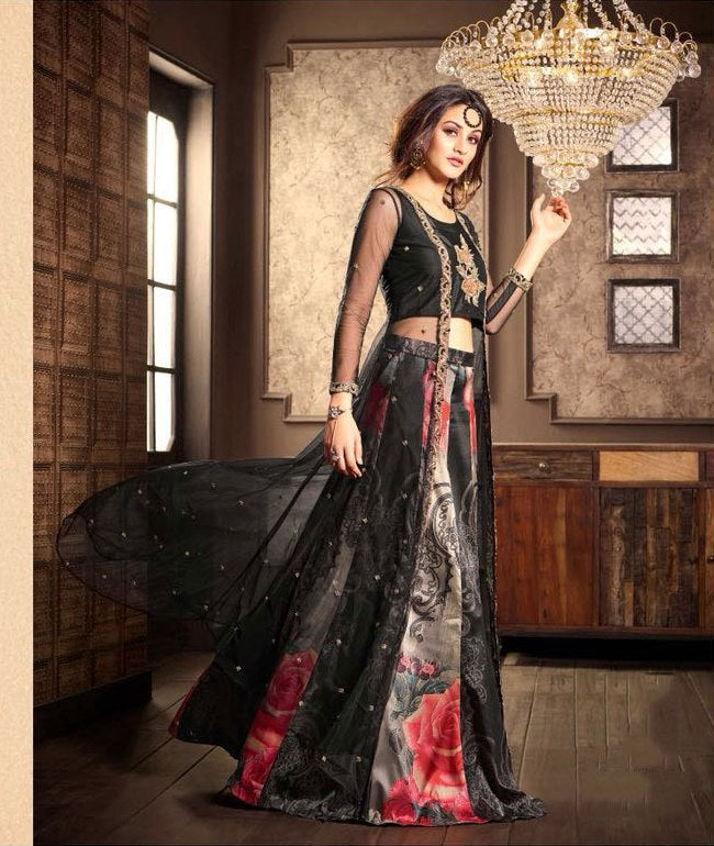 Black Red and Mirrors. Stunning black color pattu langa and red color blouse  with net dupatta.
