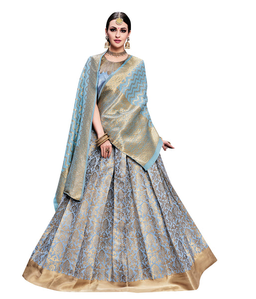 Light Blue Banarasi Silk Lehenga Choli Embroidered Wedding Ghagra Choli Online