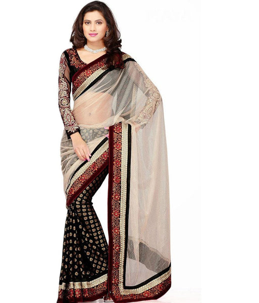 Online Shop Lime Beige & Black Color Net Saree With Heavy Embroidery Work