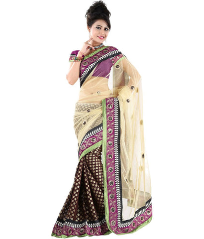 Multicolor Net Saree With Digital Print, Broad Border & Booties Work Designer Net Sarees