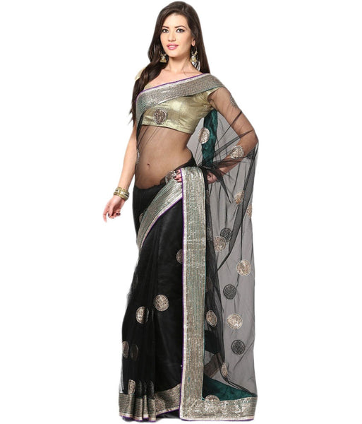 Black Color Net Saree Designed With Digital Print Embroidered Lace Border