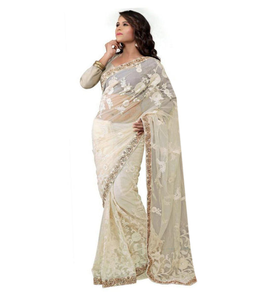 Designer Net Sarees White Color Net Saree With Floral Embroidery Work