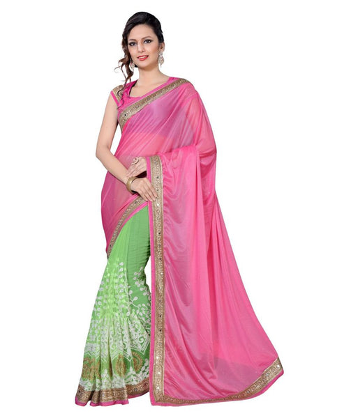 Designer Net Sarees Pink & Green Color Net Saree For Women