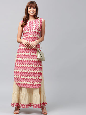 Long Kurtis With Skirts Pink & Beige Printed Straight Kurta With Skirt For Women