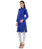Long Woolen Kurtis Online Plain Blue Toggle Design Winter Kurtis For Womens