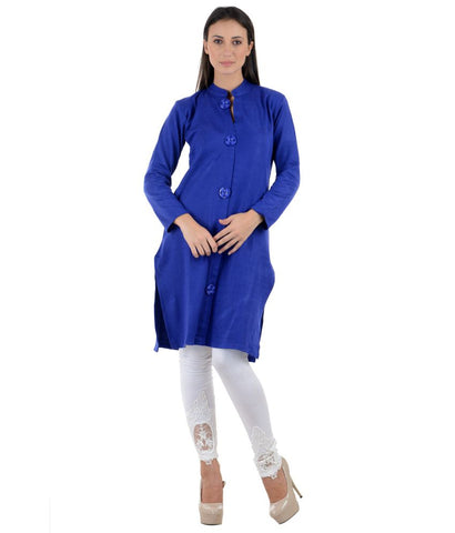 Long Woolen Kurtis Online Plain Blue Toggle Design Winter Kurtis For Womens