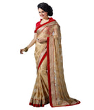 Designer Net Sarees Beige Color Floral Embroidery & Broad Lace Border Net Saree
