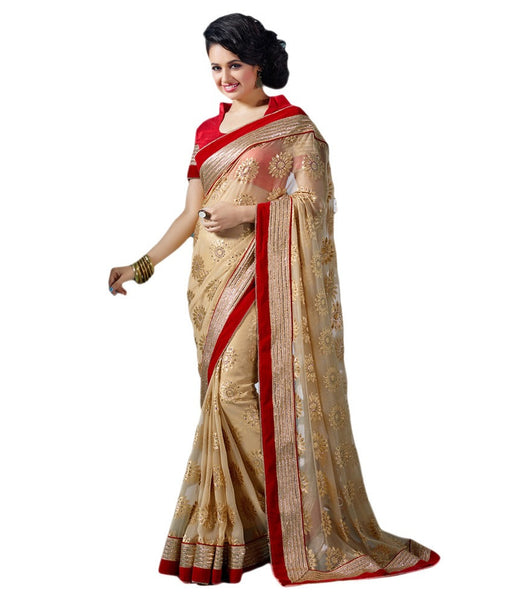 Designer Net Sarees Beige Color Floral Embroidery & Broad Lace Border Net Saree