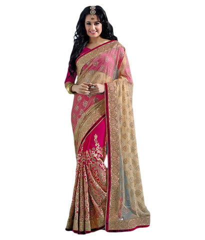 Pink Color Net Saree Designed With Heavy Embroidery & Stone Work