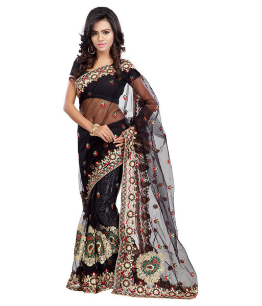 Designer Net Sarees Black Color Net Saree With Floral Embroidery & Patch Work