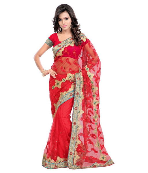Red Color Net Saree With Striking Border & Embroidery Work Saree