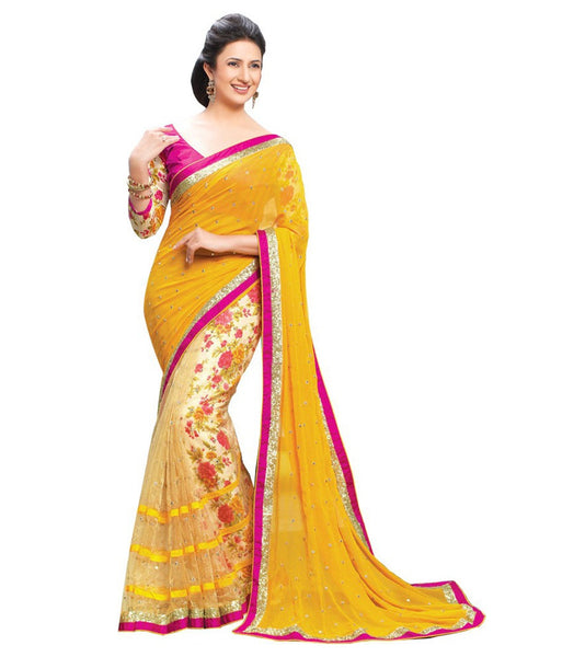 Yellow Color Net Saree Designed With Floral Embroidery, Lace & Stone Work