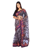 Grey Color Floral Embroidery Designer Net Sarees For Women