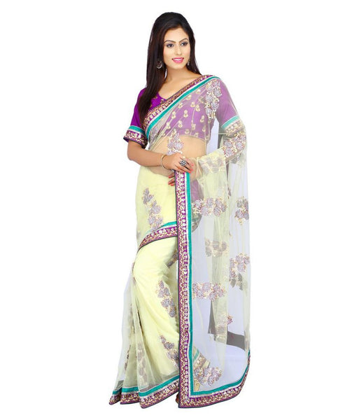 Cream Color Net Saree Designed With Floral Embroidery & Lace Border