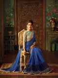 Monash Silk Blue Shaded Color Heavy Lace Work Designer Sarees For Women