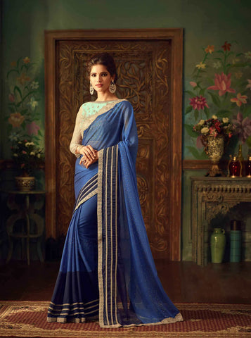 Monash Silk Blue Shaded Color Heavy Lace Work Designer Sarees For Women